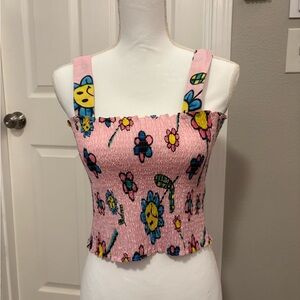 Lazy Oaf Pink Floral Smocked Women's Top